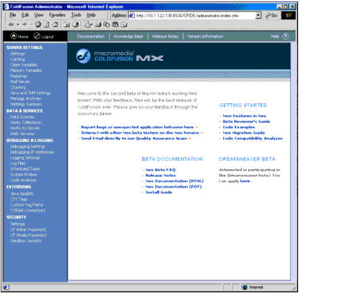 The figure shows the ColdFusion Administrator home page.