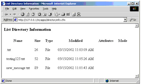 Results of viewing directoryinfo.cfm in a browser.