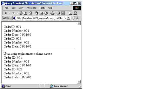 The results of viewing query_textfile.cfm in a browser.