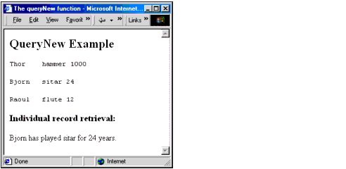 The output from running queryNew.cfm showing the resultant record set