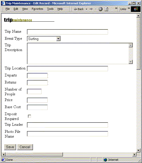 Image shows picture Trip edit data collection page.