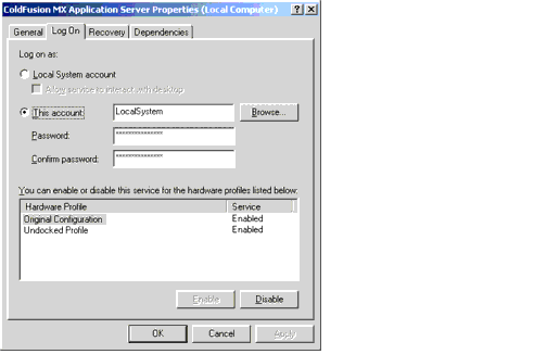 The ColdFusion MX Application Server Properties dialog box for the local computer