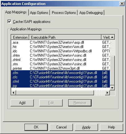 Application Configuration dialog box with IIS application mappings for ColdFusion MX