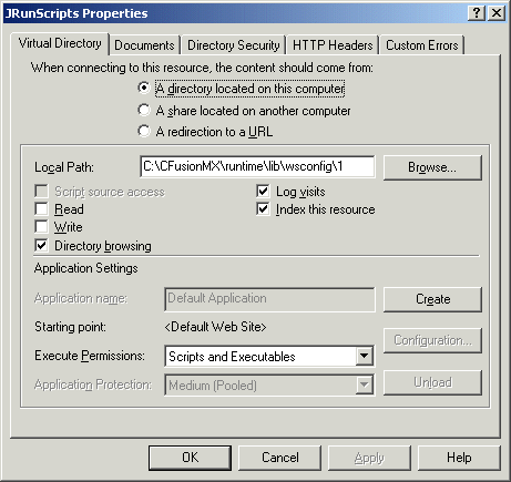 Properties dialog box for the IIS 