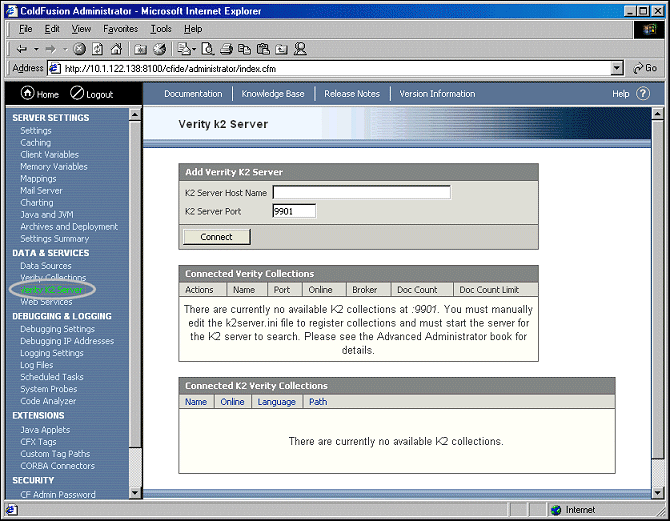 The figure shows the Verity K2 Server page in the ColdFusion Administrator.